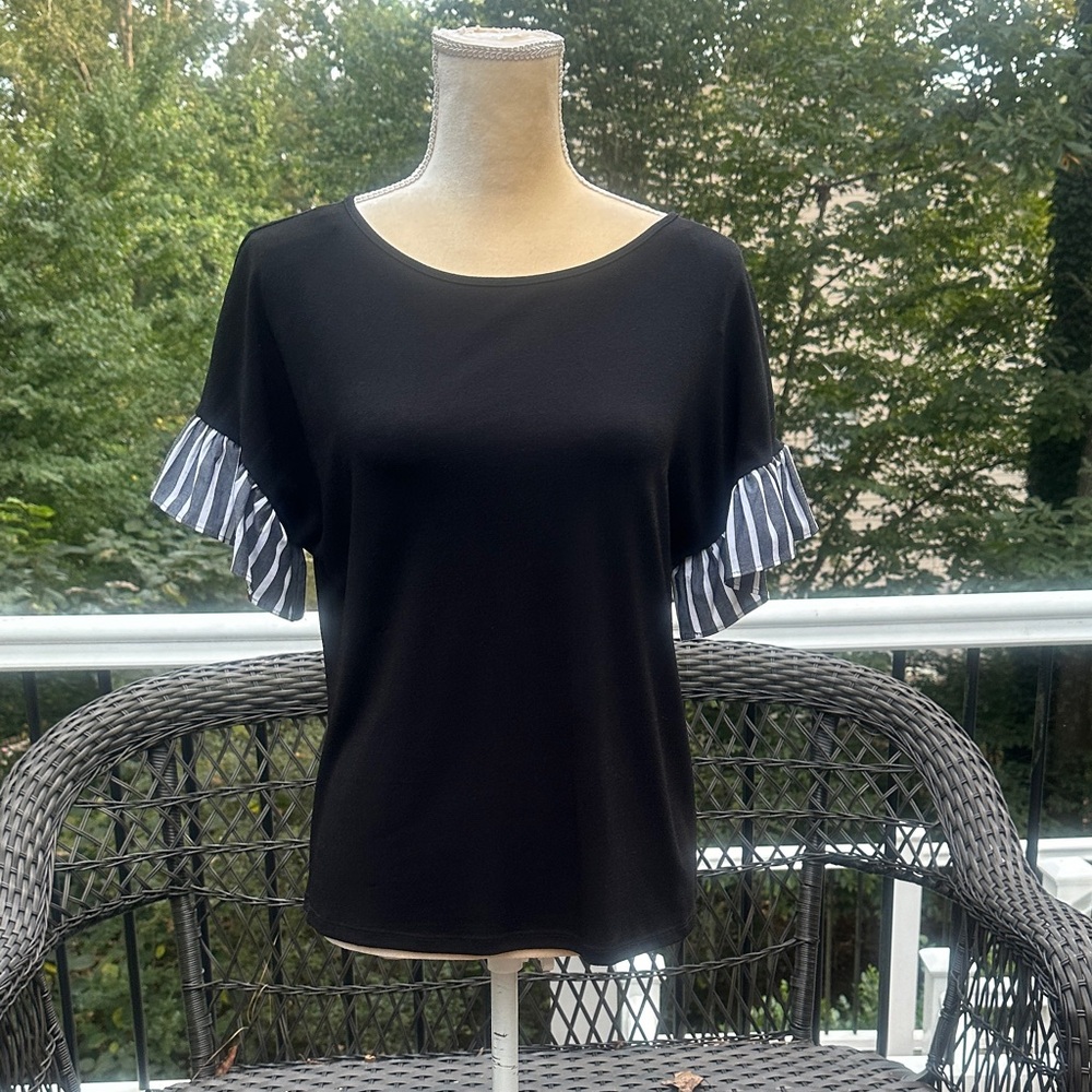 CeCe Black Top with Striped Ruffle Sleeves